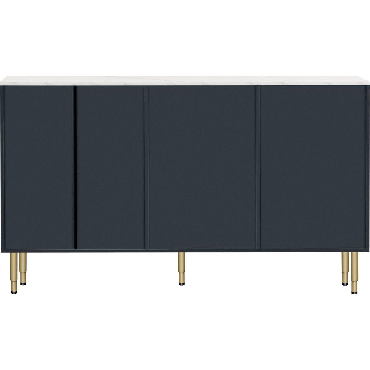 Modern Sideboard MDF Buffet Cabinet Marble Sticker Tabletop and Amber-yellow Tempered Glass Doors with Gold Metal Legs & Handles (Navy Blue)