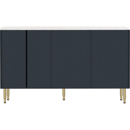 Modern Sideboard MDF Buffet Cabinet Marble Sticker Tabletop and Amber-yellow Tempered Glass Doors with Gold Metal Legs & Handles (Navy Blue)