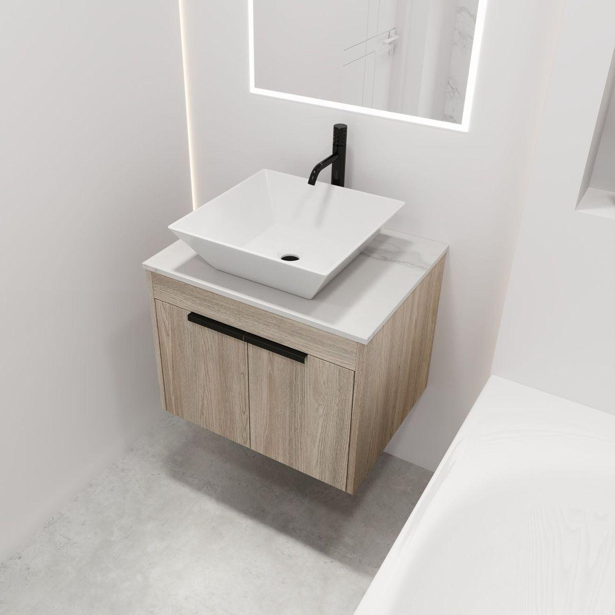 24" Modern Design Float Bathroom Vanity With Ceramic Basin Set, Wall Mounted White Oak Vanity With Soft Close Door, KD-PackingD-Packing Pieces