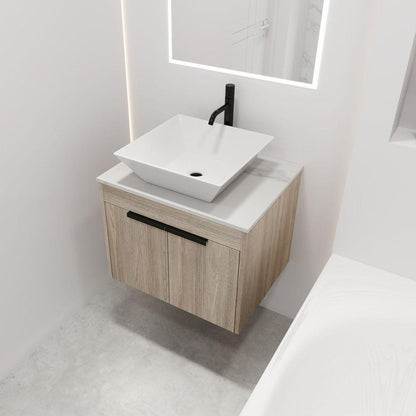 24" Modern Design Float Bathroom Vanity With Ceramic Basin Set, Wall Mounted White Oak Vanity With Soft Close Door, KD-PackingD-Packing Pieces