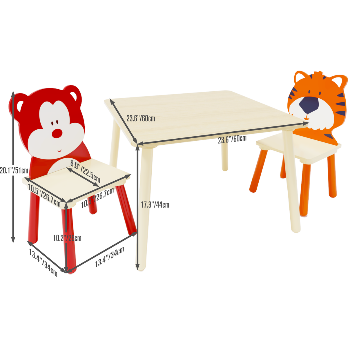 Kids Table and 2 Chairs Set, 3 Pieces Toddler Table and Chair Set, Wooden Activity Play Table Set (Bear&Tiger)