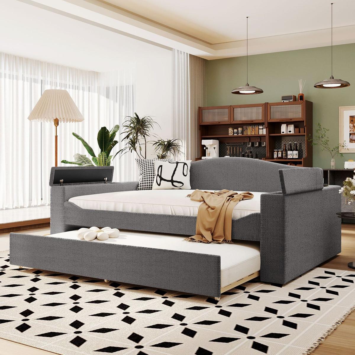 Full Size Upholstered Daybed with Storage Armrests, Trundle and Latest Integrated Bluetooth Audio System, Teddy Fleece, Gray