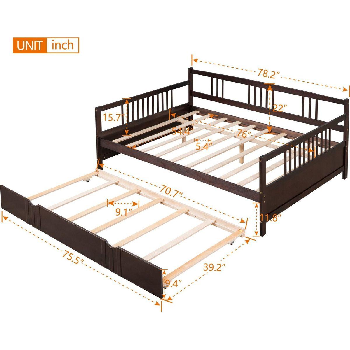 Full Size Daybed Wood Bed with Twin Size Trundle, Espresso - Streamdale Furniture