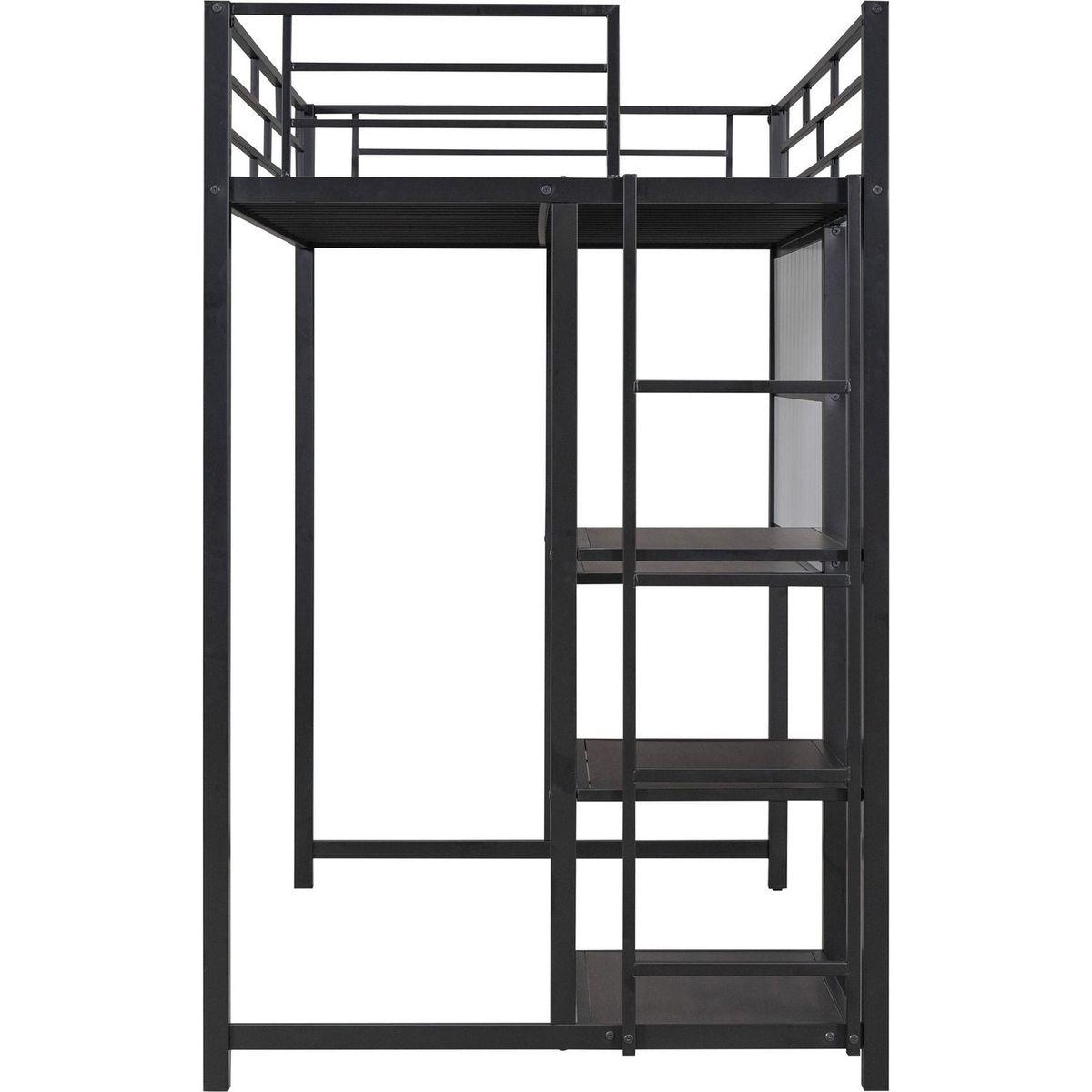Twin Size Loft Bed with Desk and Whiteboard, Mental Loft Bed with 3 Shelves and Ladder, Black