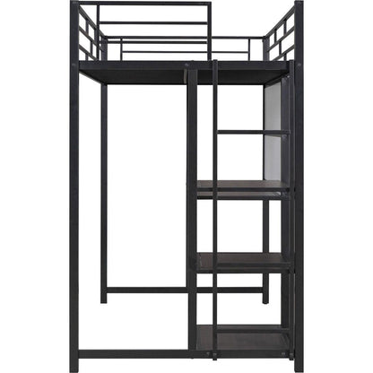 Twin Size Loft Bed with Desk and Whiteboard, Mental Loft Bed with 3 Shelves and Ladder, Black