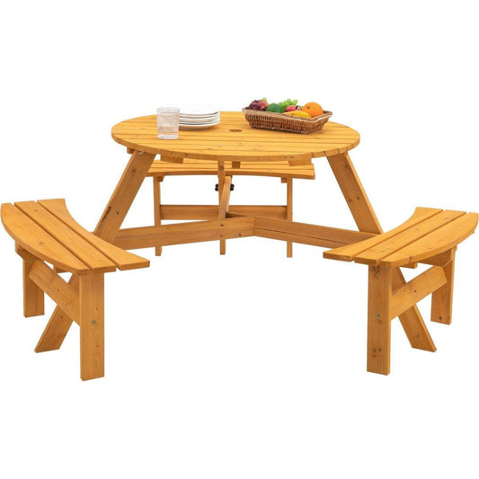 6-Person Circular Outdoor Wooden Picnic Table for Patio, Backyard, Garden, DIY w/ 3 Built-in Benches, 1720lb Capacity - Natural