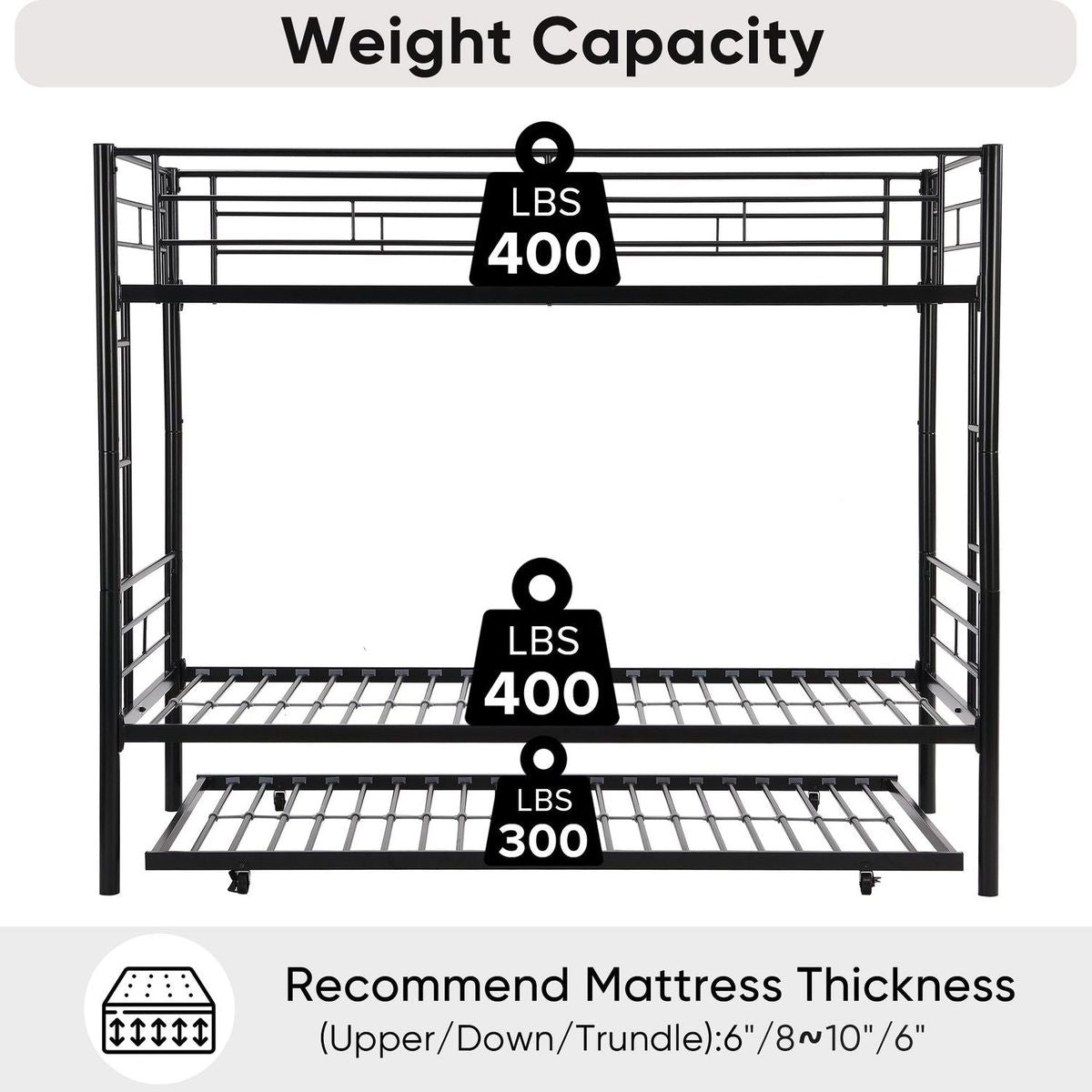 Over Twin Bunk Bed Frame with Trundle,Metal Bunkbed with Sturdy Guard Rail and 2 sideLadders for Kids/Adults,Can be Divided Into Two Beds, No Box Spring Needed, Noise Free for Dorm,Black