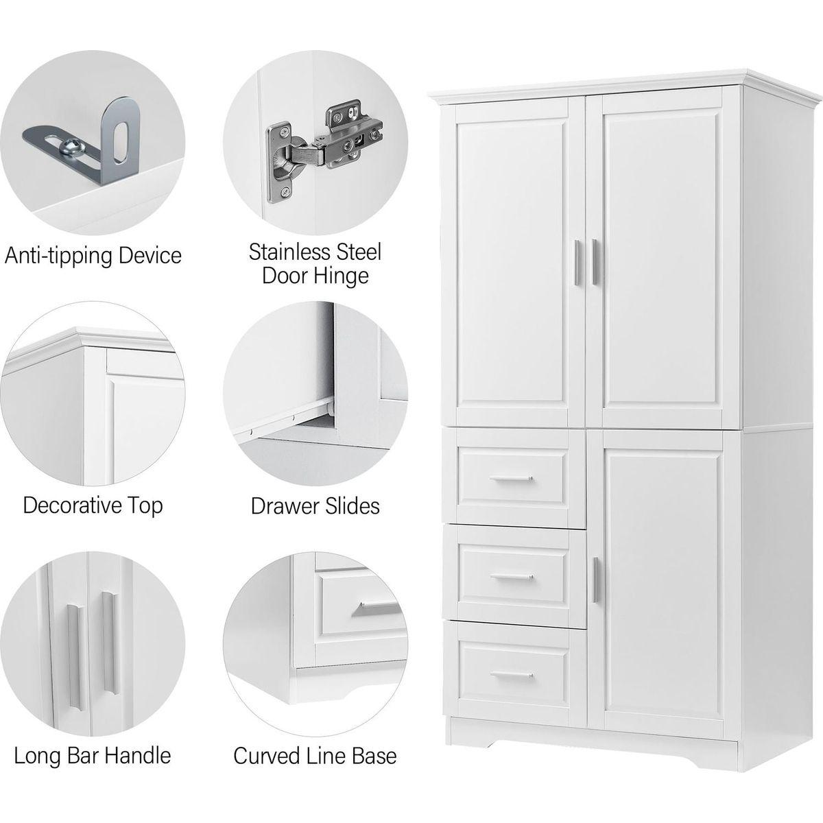 Tall and Wide Storage Cabinet with Doors for Bathroom/Office, Three Drawers, White