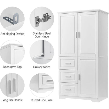 Tall and Wide Storage Cabinet with Doors for Bathroom/Office, Three Drawers, White
