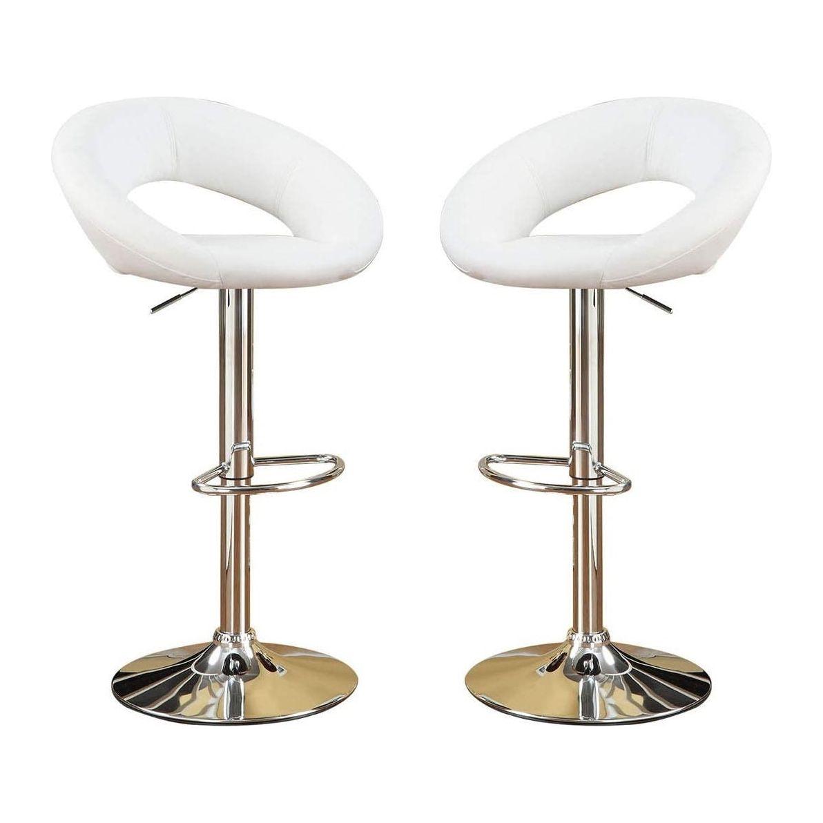 White Faux Leather Stool Adjustable Height Chairs Set of 2 Chair Swivel Design Chrome Base PVC Dining Furniture