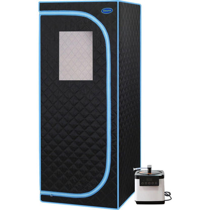 Portable Plus Type Full Size Steam Sauna tent. Spa, Detox, Therapy and Relaxation at home.Larger Space, Stainless Steel Pipes Connector Easy to Install, with FCC Certification--Black (Blue binding)