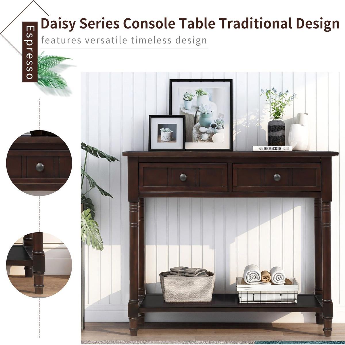 Daisy Series Console Table Traditional Design with Two Drawers and Bottom Shelf (Espresso)