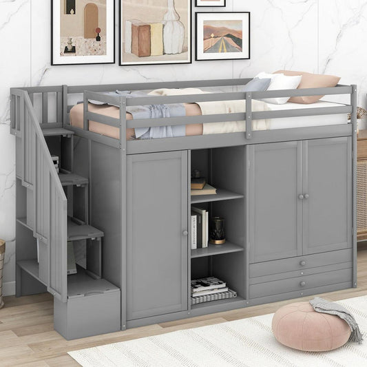 Functional Loft Bed with 3 Shelves, 2 Wardrobes and 2 Drawers, Ladder with Storage, No Box Spring Needed, Gray - Streamdale Furniture