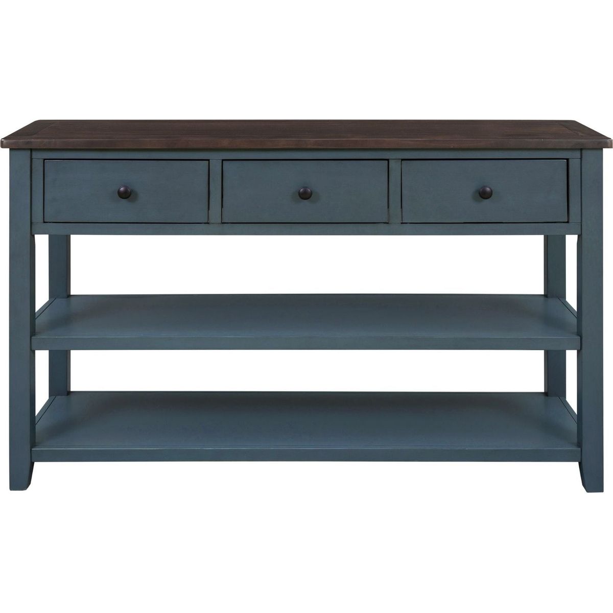 Retro Design Console Table with Two Open Shelves, Pine Solid Wood Frame and Legs for Living Room (Navy) - Streamdale Furniture