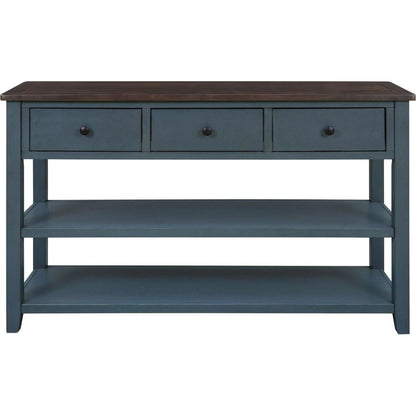 Retro Design Console Table with Two Open Shelves, Pine Solid Wood Frame and Legs for Living Room (Navy) - Streamdale Furniture