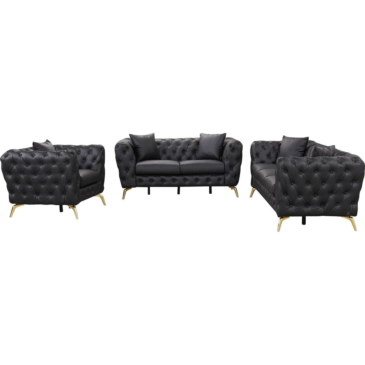 Modern 3-Piece Sofa Sets with Sturdy Metal Legs, Button Tufted Back, PU Upholstered Couches Sets Including Three Seat Sofa, Loveseat and Single Chair for Living Room Furniture Set, Black