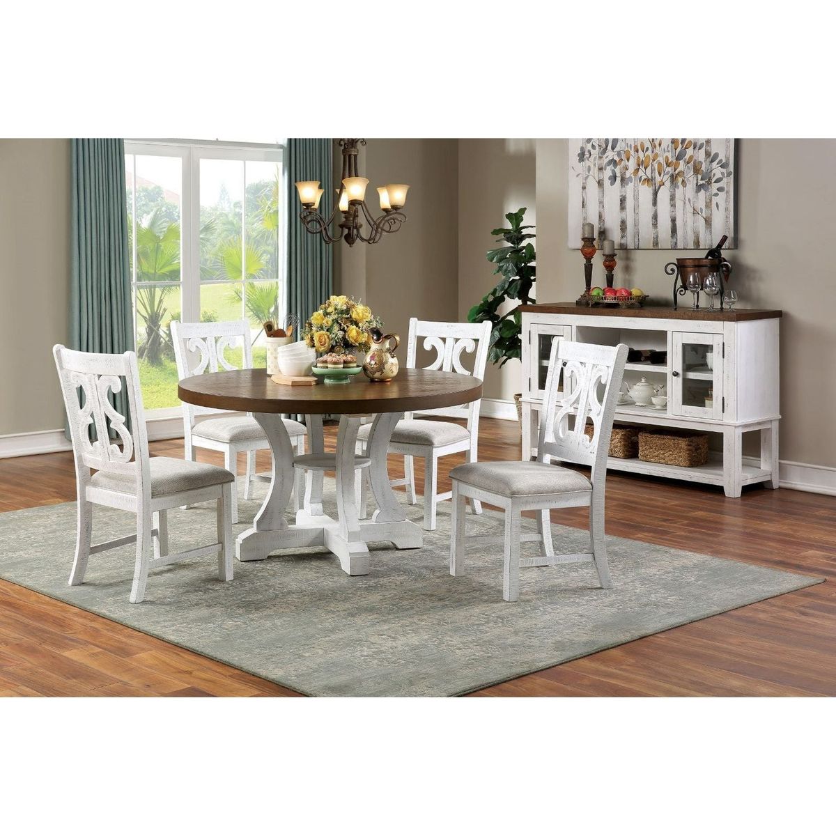 Lavish Design Distressed White 2pcs Dining Chairs Only, Gray Padded Fabric Seat Dining Room Kitchen Furniture Solid wood decorative Back