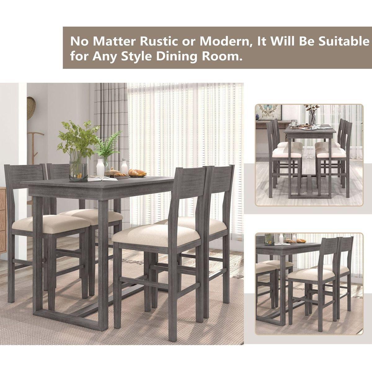 Farmhouse Counter Height 5-Piece Dining Table Set with 1 Rectangular Dining Table and 4 Dining Chairs for Small Places,Gray