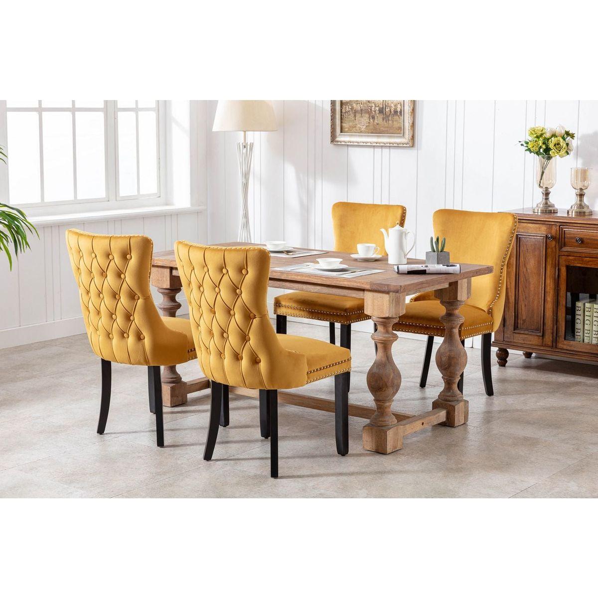 Upholstered Wing-Back Dining Chair with Backstitching Nailhead Trim and Solid Wood Legs, Set of 2, Gold