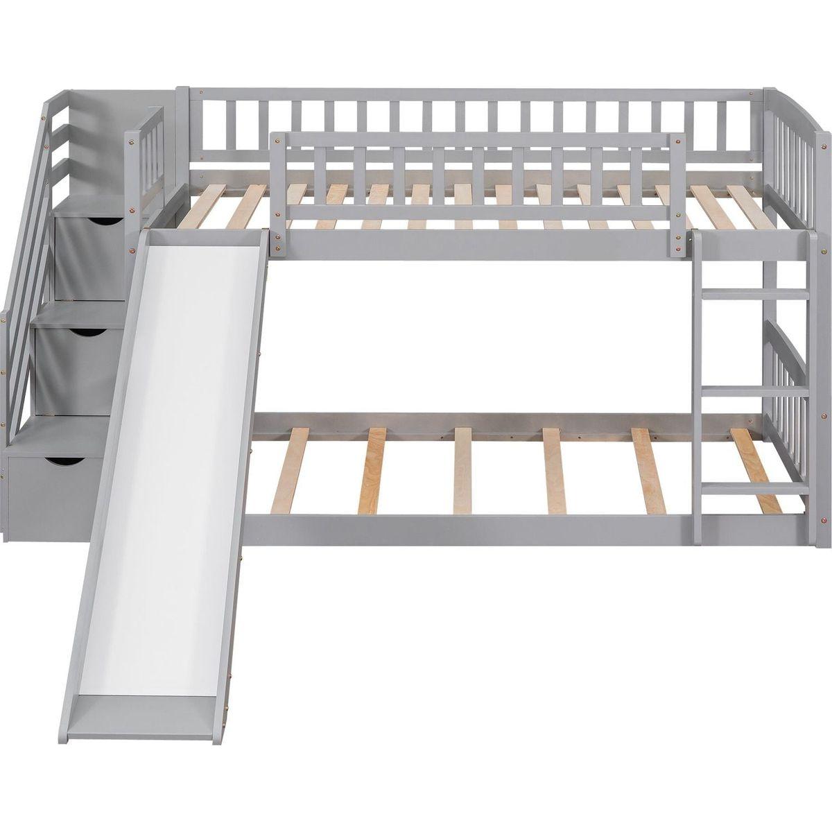 Stairway Twin over Twin Bunk Bed with Two Drawers and Slide, Gray