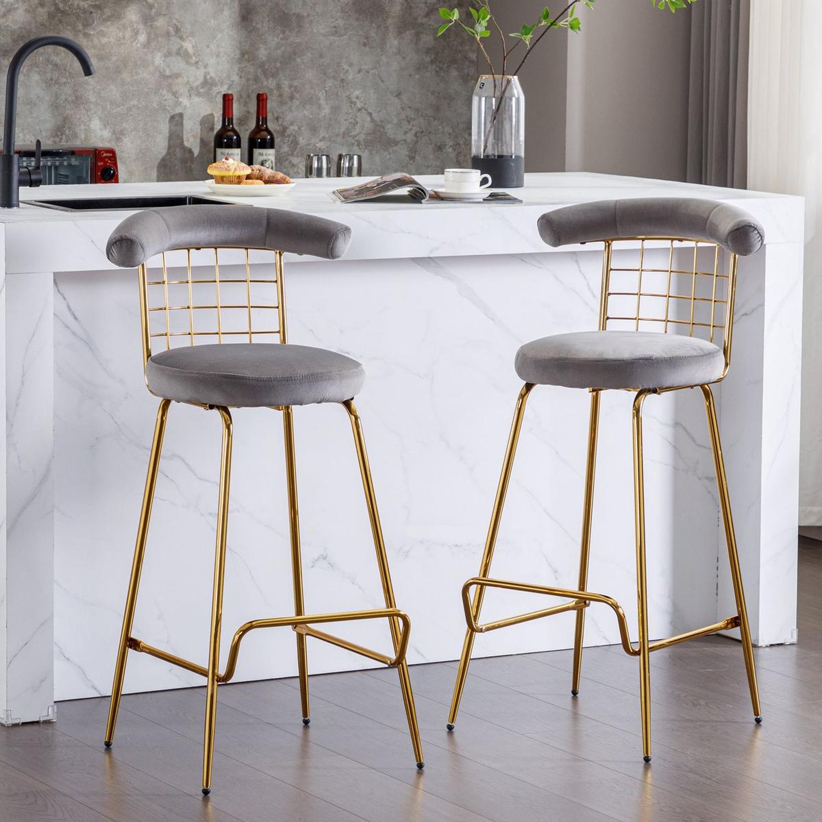 Bar Stool Set of 2, Luxury Velvet High Bar Stool with Metal Legs and Soft Back, Pub Stool Chairs Armless Modern Kitchen High Dining Chairs with Metal Legs, Grey