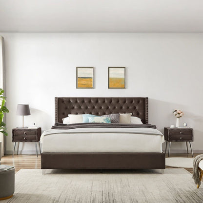 King bed with one nightstand, Button designed Headboard, strong wooden slats + metal legs with Electroplate