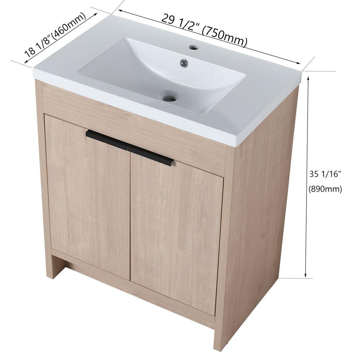 30 Inch Freestanding Bathroom Vanity with White Resin Sink & 2 Soft-Close Cabinet Doors (BVB02430PLO-GRB3040)