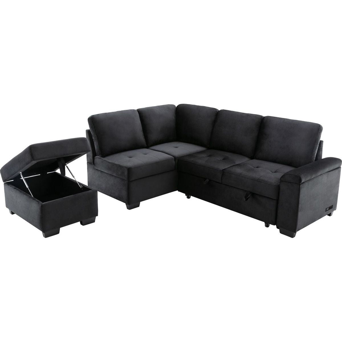 Sleeper Sectional Sofa, L-Shape Corner Couch Sofa-Bed with Storage Ottoman & Hidden Arm Storage & USB Charge for Living Room Apartment, Black