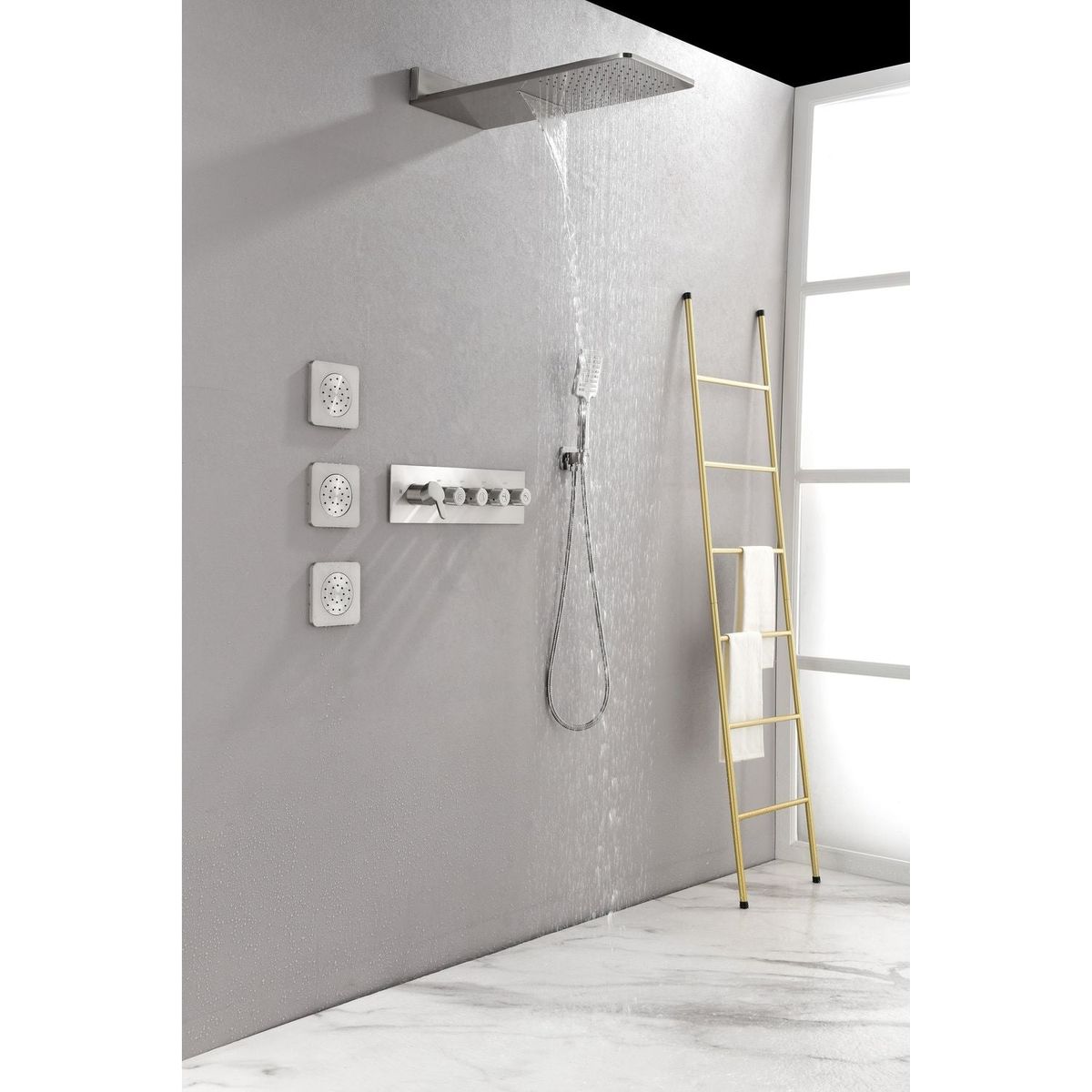 Wall Mounted Waterfall Rain Shower System With 3 Body Sprays & Handheld Shower