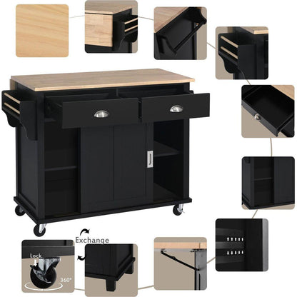 Kitchen Cart with Rubber wood Drop-Leaf Countertop, Concealed sliding barn door adjustable height, Kitchen Island on 4 Wheels with Storage Cabinet and 2 Drawers, L52.2xW30.5xH36.6 inch, Black