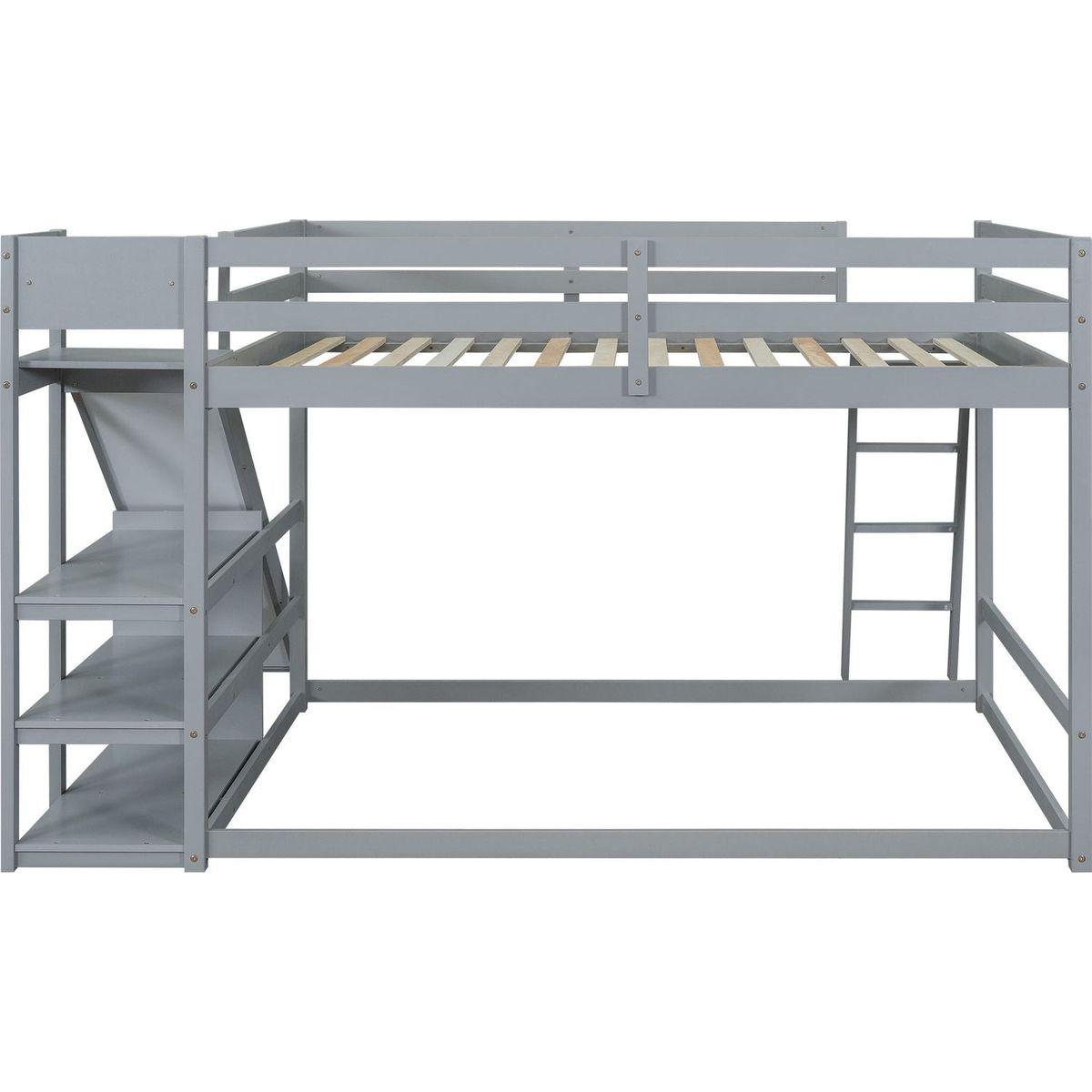Full over Full Bunk Bed with Ladder, Slide and Shelves, Gray