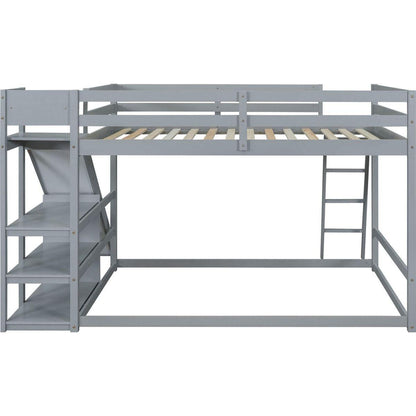 Full over Full Bunk Bed with Ladder, Slide and Shelves, Gray