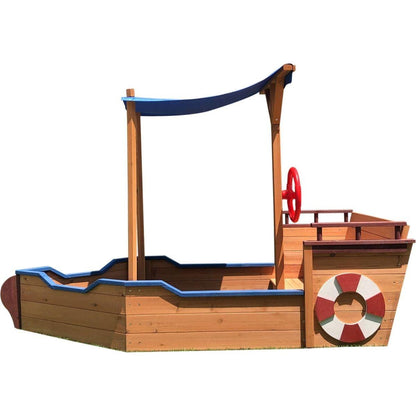 Pirate Ship Sandbox with Cover and Rudder, Wooden Sandbox with Storage Bench and Seat, Outdoor Toy for Kids Ages 3-8 Years Old