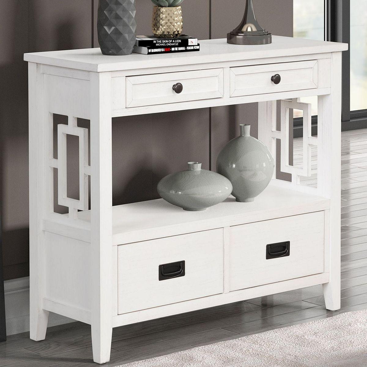 36" Farmhouse Pine Wood Console Table Entry Sofa Table with 4 Drawers & 1 Storage Shelf for Entryway Living Room Bedroom Hallway Kitchen (Antique White)