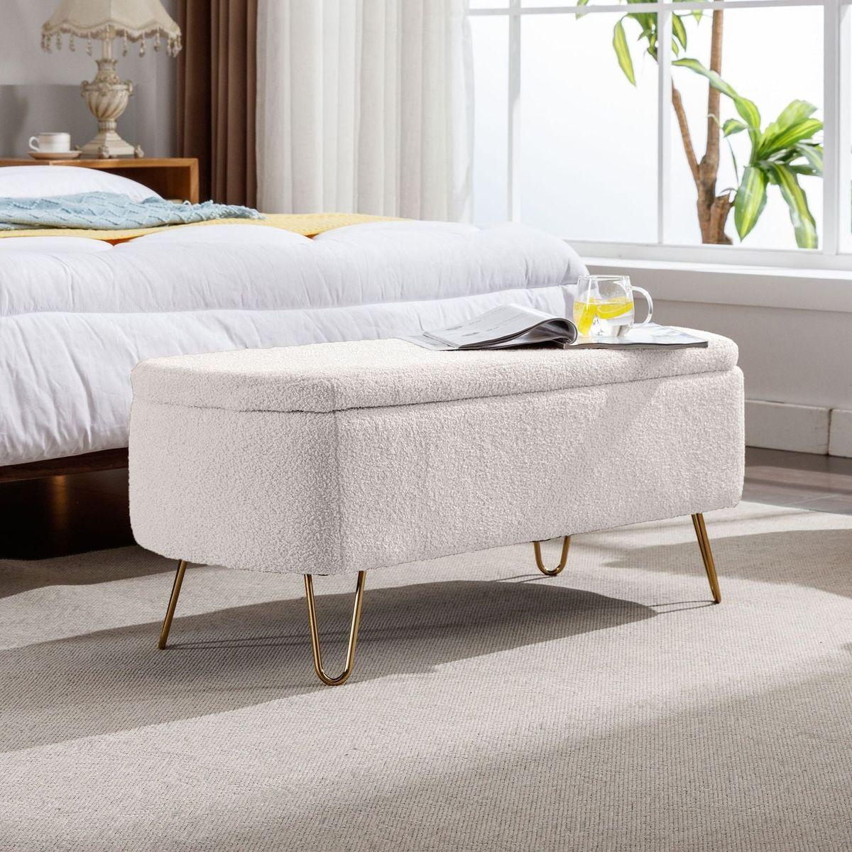 Ivory White Storage Ottoman Bench for End of Bed Gold Legs, Modern Ivory White Faux Fur Entryway Bench Upholstered Padded with Storage for Living Room Bedroom - Streamdale Furniture