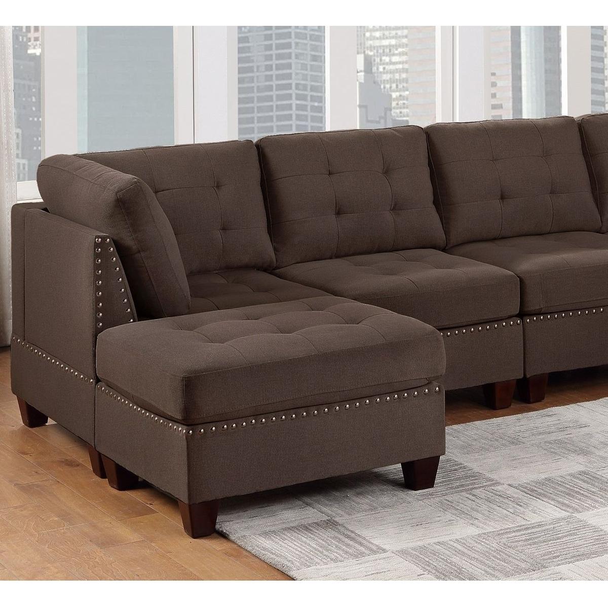 Modular Sectional 6pc Set Living Room Furniture U-Sectional Tufted Nail heads Couch Black Coffee Linen Like Fabric 2x Corner Wedge 2x Armless Chairs and 2x Ottomans