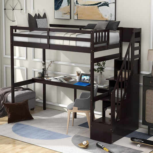 Twin Size Loft Bed with Storage Staircase and Built-in Desk, Espresso