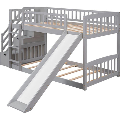 Stairway Twin over Twin Bunk Bed with Two Drawers and Slide, Gray