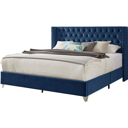 King bed, Button designed Headboard, strong wooden slats + metal legs with Electroplate