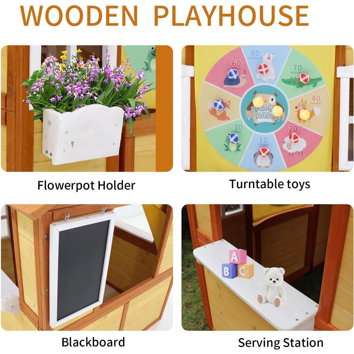 Outdoor Playhouse for Kids Wooden Cottage with Working Doors Windows Pretend Play House for Age 3-8 Years
