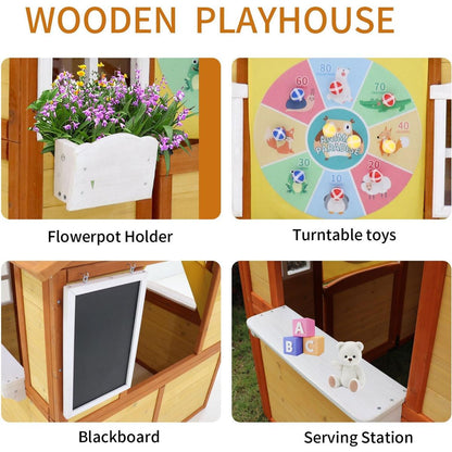 Outdoor Playhouse for Kids Wooden Cottage with Working Doors Windows Pretend Play House for Age 3-8 Years