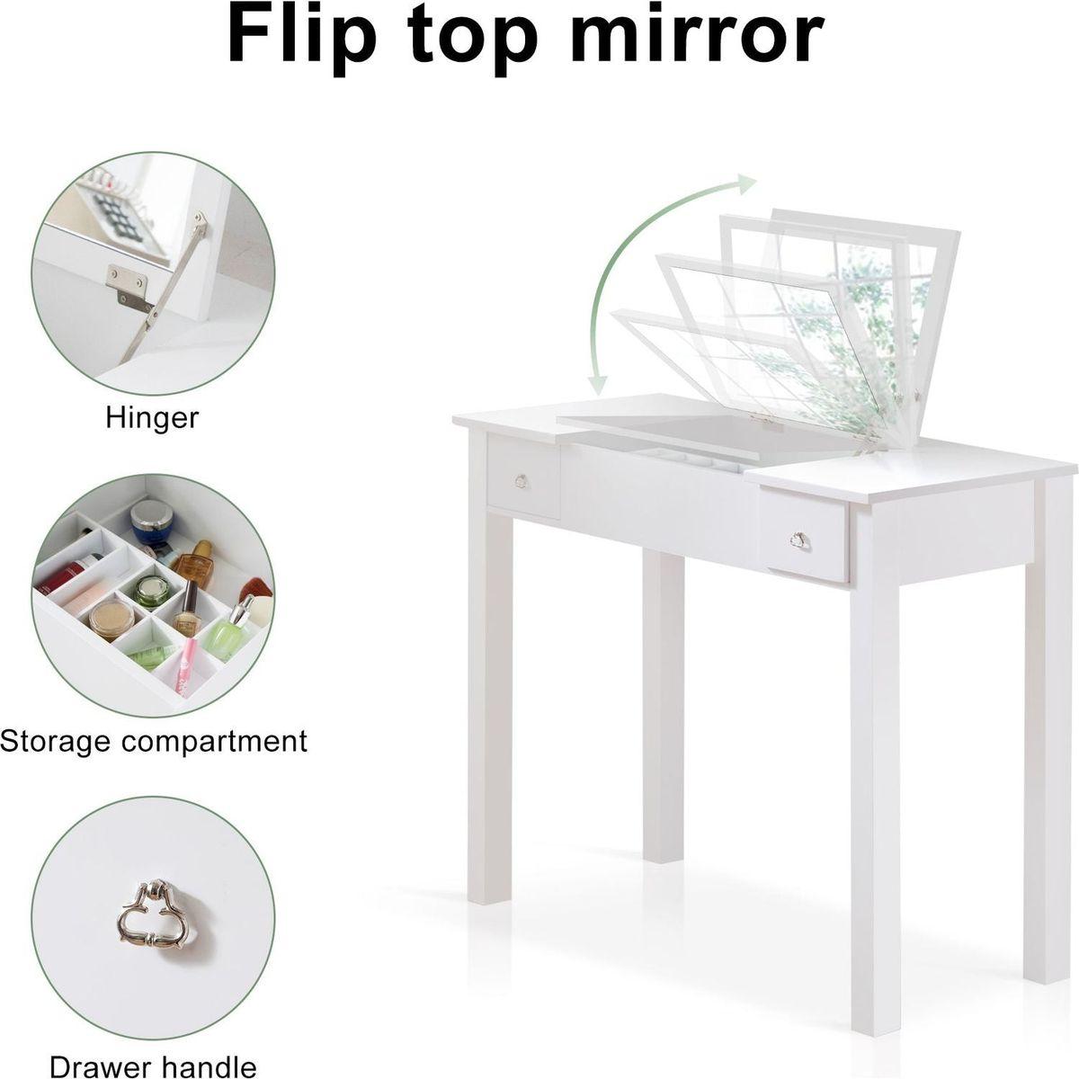 Accent White Vanity Table with Flip-Top Mirror and 2 Drawers, Jewelry Storage for Women Dressing