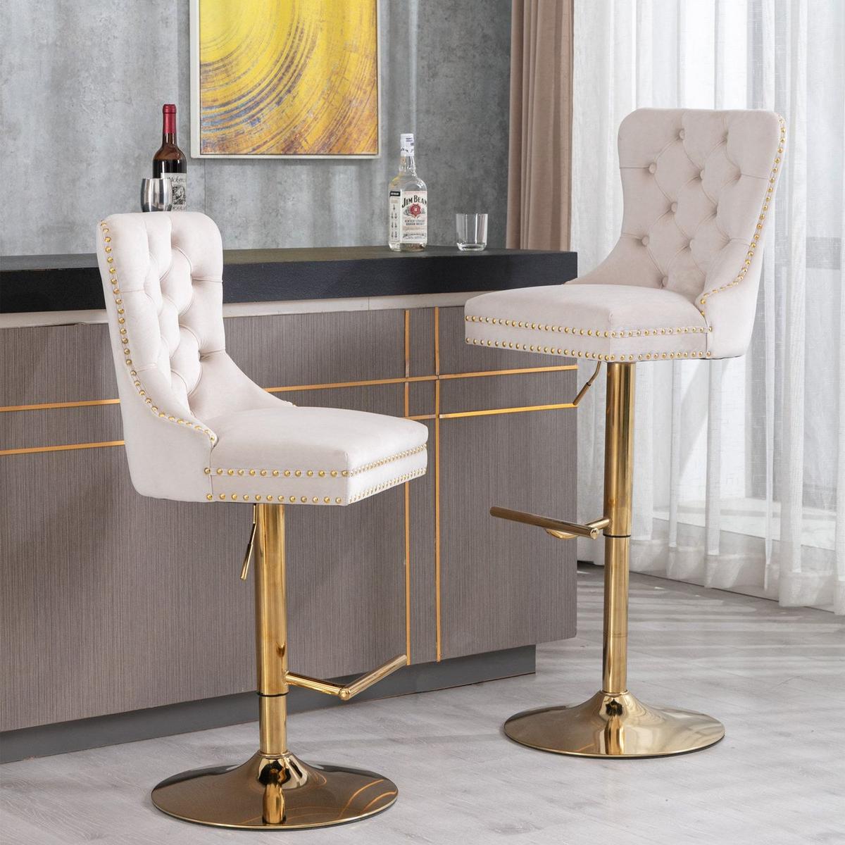 Furniture, Thick Golden Swivel Velvet Barstools Adjusatble Seat Height from 27-35 Inch, Modern Upholstered Bar Stools with Backs Comfortable Tufted for Home Pub and Kitchen Island (Beige, Set of 2) - Streamdale Furniture