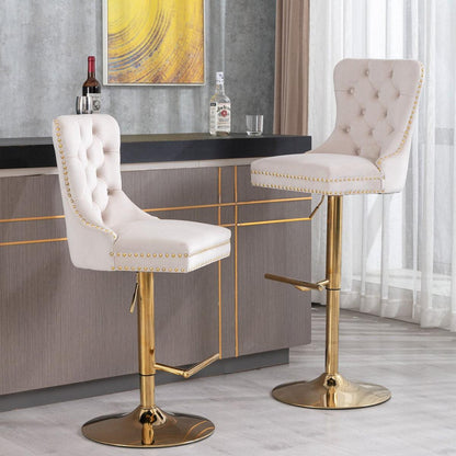 Furniture, Thick Golden Swivel Velvet Barstools Adjusatble Seat Height from 27-35 Inch, Modern Upholstered Bar Stools with Backs Comfortable Tufted for Home Pub and Kitchen Island (Beige, Set of 2) - Streamdale Furniture