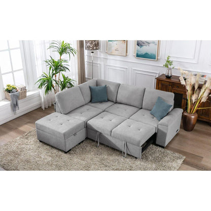 Sleeper Sectional Sofa, L-Shape Corner Couch Sofa-Bed with Storage Ottoman & Hidden Arm Storage & USB Charge for Living Room Apartment, Gray