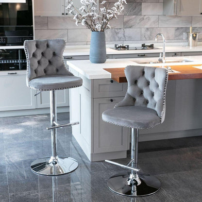 Swivel Velvet Barstools Adjusatble Seat Height from 25-33 Inch, Modern Upholstered Chrome base Bar Stools with Backs Comfortable Tufted for Home Pub and Kitchen IslandGray, Set of 2)