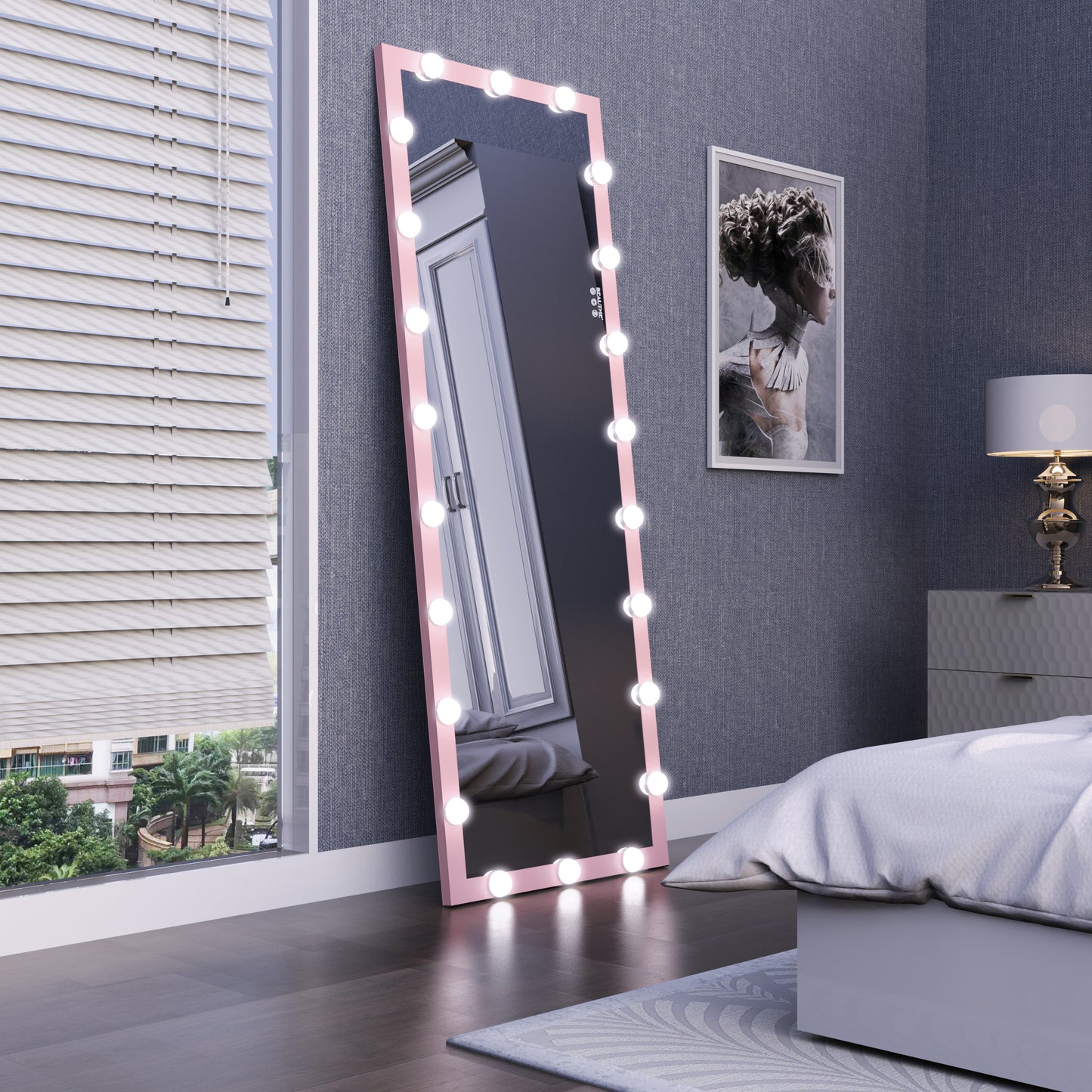 Hollywood Full Length Mirror with Lights Full Body Vanity Mirror with 3 Color Modes Wall Lighted Standing Floor Mirror for Dressing Room Bedroom Hotel Touch Control Pink 62.6"x23.3"