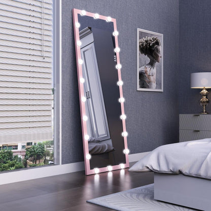 Hollywood Full Length Mirror with Lights Full Body Vanity Mirror with 3 Color Modes Wall Lighted Standing Floor Mirror for Dressing Room Bedroom Hotel Touch Control Pink 62.6"x23.3" - Streamdale Furniture
