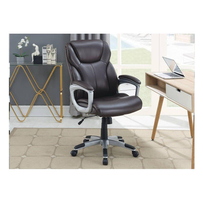 1pc Office Chair Brown Color Cushioned Headrest Adjustable Height Executive Chair Armrest Lumbar Support Work Relax