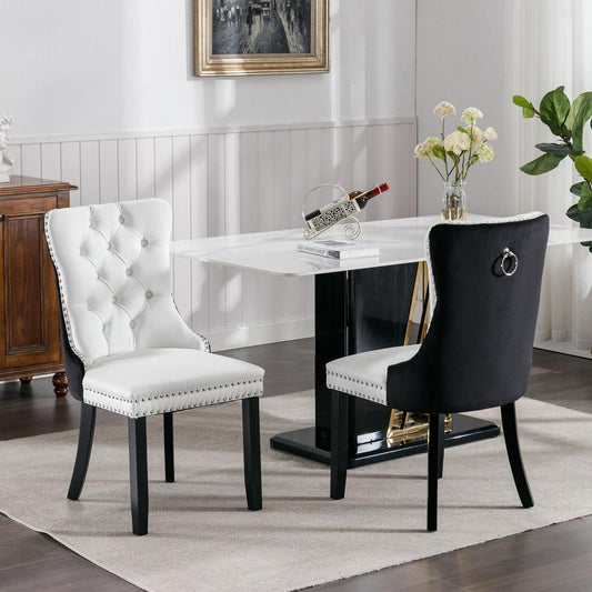 Nikki Collection Modern, High-end Tufted Solid Wood Contemporary PU and Velvet Upholstered Dining Chair with Wood Legs Nailhead Trim 2-Pcs Set White+Black